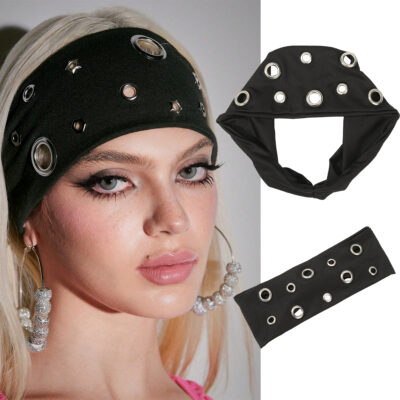 AWAYTR Punk Girl Hollowed Out Eyelets Wide Elastic Headband Stretchy Metal Rock Sports Grommet Headband Hair Accessories