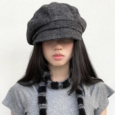 Japanese Retro High-end Sense Solid Color Knitted Berets Cap for Women Autumn Winter Versatile Warm Literary Octagonal Hat