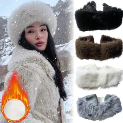 Faux Fox Fur Headband Winter Warm Ear Warmer Wide Band Stretchy Fleece Headwrap for Women Girls Cold Weather Headwear Accessory