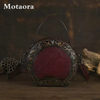 MOTAORA 2025 Luxury Round Retro Handmade Embossed Leather Shoulder/Crossbody Bag for Women - 7 Colors