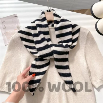 Knitted Scarf Women 100% Wool Winter Warm Scarves Bright stripe Design Thickened Shawl Soft Triangle Pashmina Neck 2025 NEW