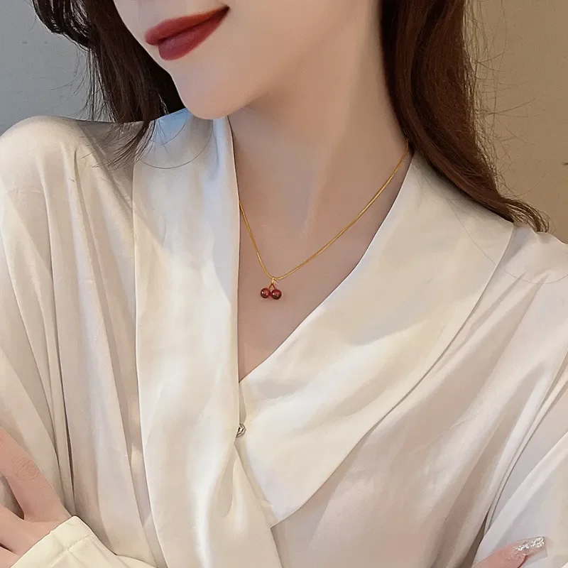 Little Wine Red Cherry Pendant Necklaces For Women Fashion Personality Fruit Golden Chain Necklace Party Jewelry Birthday Gifts - Image 4