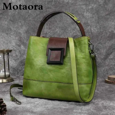 MOTAORA Women's Vintage Bucket Bag Genuine Top-Grain Leather Handmade Purse Luxury Designer Casual Office Travel Shoulder Bag