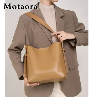 MOTAORA Genuine Cowhide Leather Bucket Bag for Women - Large Capacity Crossbody & Shoulder Bag with Adjustable Comfortable Strap