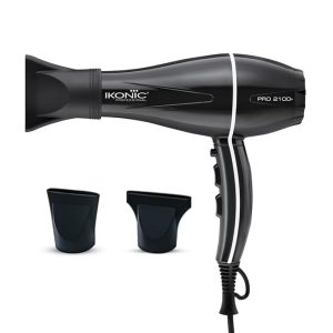 IKONIC Pro 2100+ Hair Dryer 2000 Watts, Black, 3 Heat And 2 Speed Settings, Cool Shot, Low Noise Function Interchangeable Nozzles, Professional Styling, For Women And Men, All Hair Type