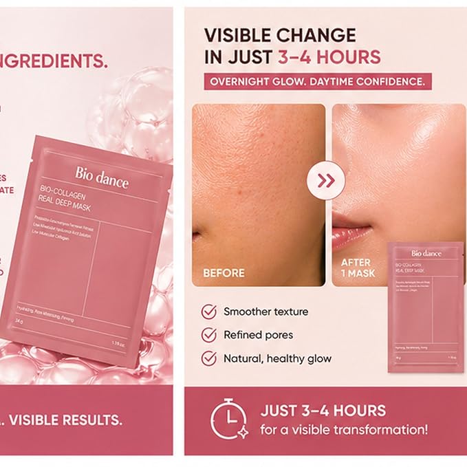 Bio Dance Korean Skincare Bio-Collagen Real Deep Mask, Hydrating, Pore Minimizing, Firming, with Hyaluronic Acid and Collagen, 34 g PACK of 5 - Image 4